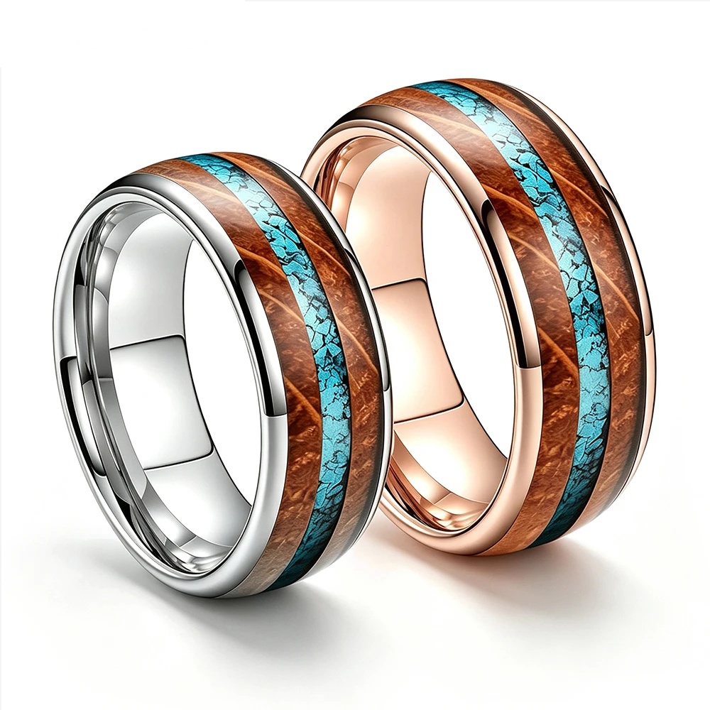 Bague Tungstène &amp; Fut &amp; Turquoise - 8 mm - Duo