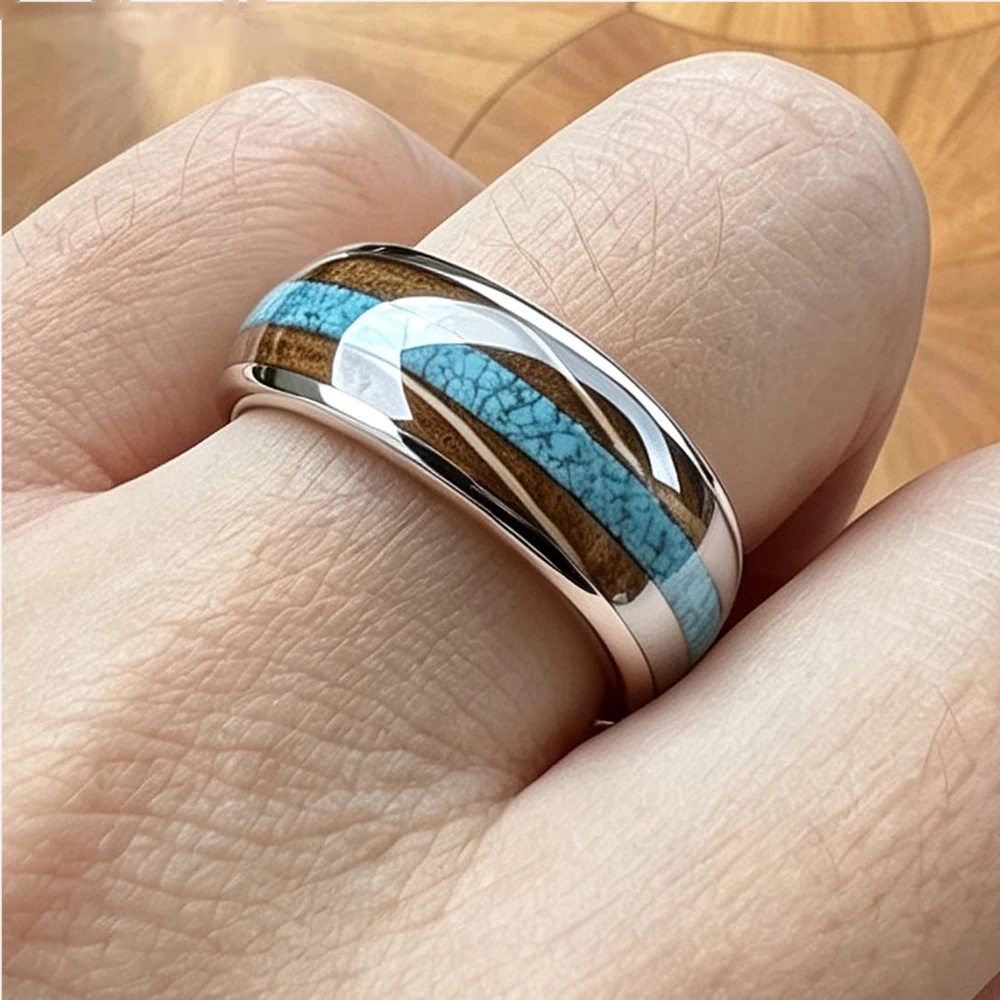 Bague Tungstène &amp; Fut &amp; Turquoise - 8 mm - Argent portée
