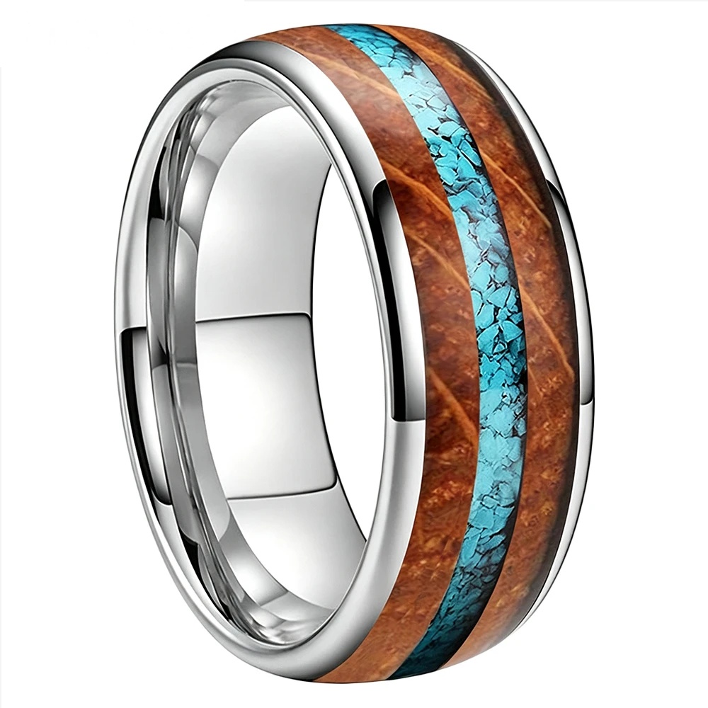Bague Tungstène &amp; Fut &amp; Turquoise - 8 mm - Argent