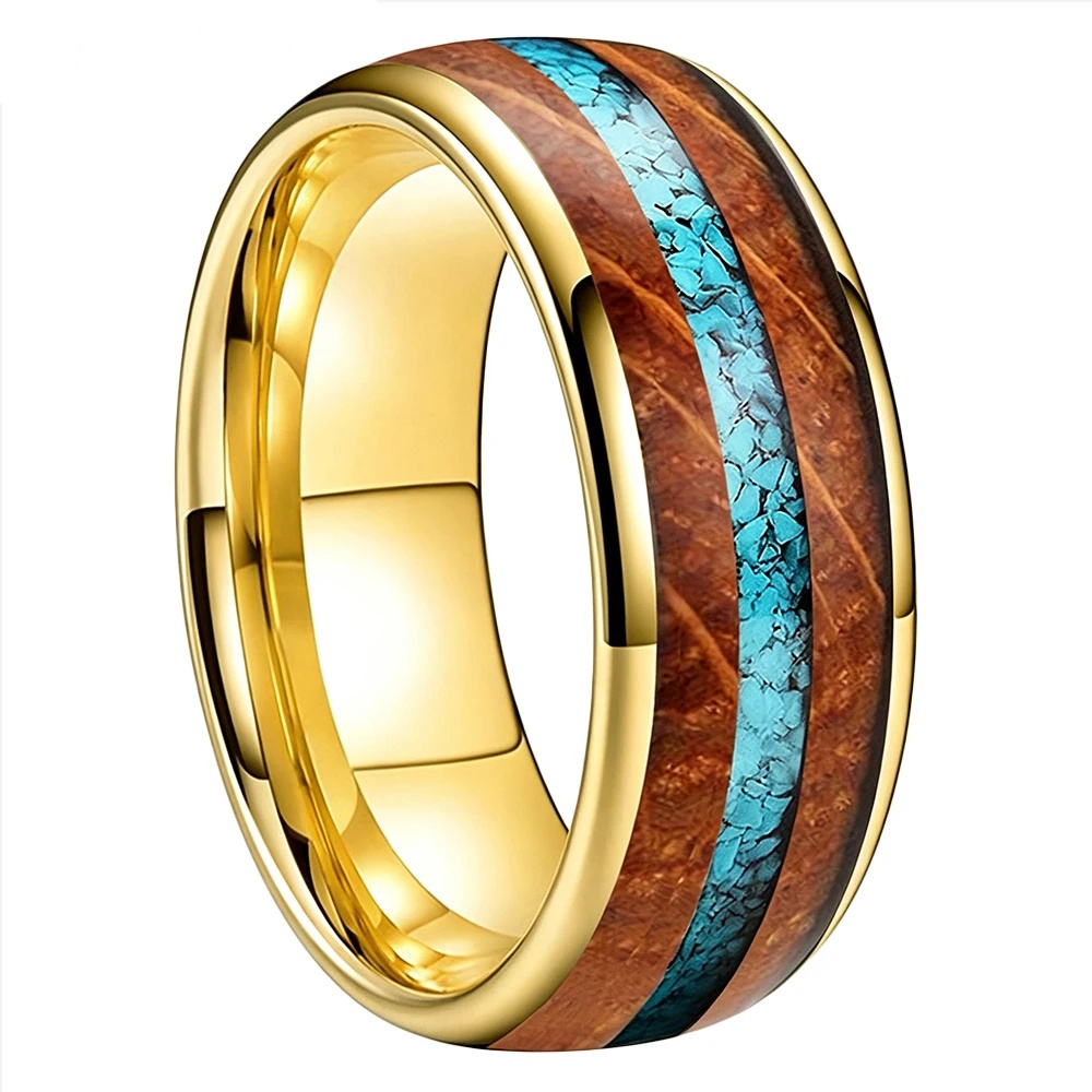 Bague Tungstène &amp; Fut &amp; Turquoise - 8 mm - Or