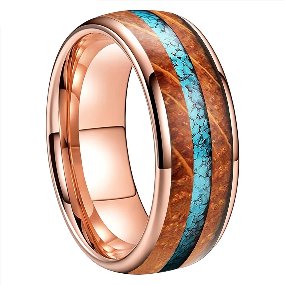 Bague Tungstène &amp; Fut &amp; Turquoise - 8 mm - Or rose - Face