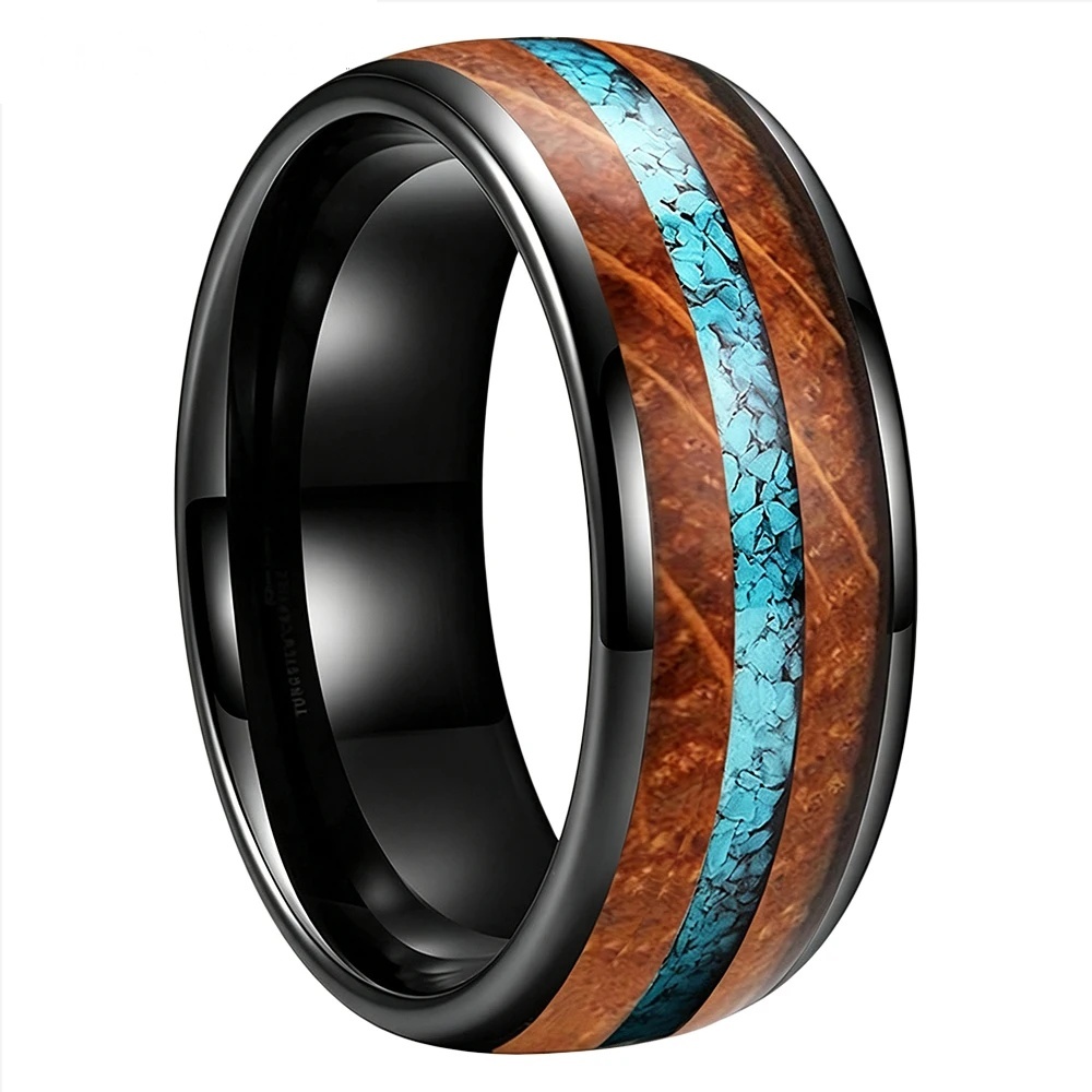 Bague Tungstène &amp; Fut &amp; Turquoise - 8 mm - Noir