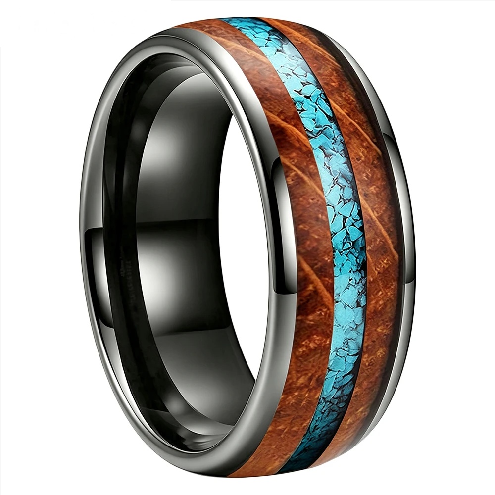 Bague Tungstène &amp; Fut &amp; Turquoise - 8 mm - Gris anthracite - Face