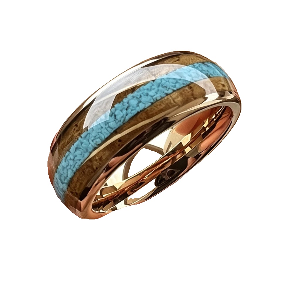 Bague Tungstène &amp; Fut &amp; Turquoise - 8 mm - Or rose