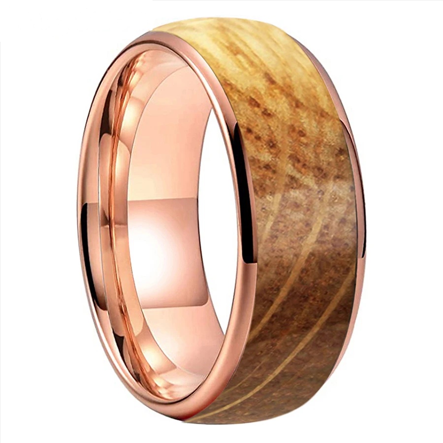 Bague Tungstène &amp; Fut - 6 ou 8 mm - Chêne - Or rose