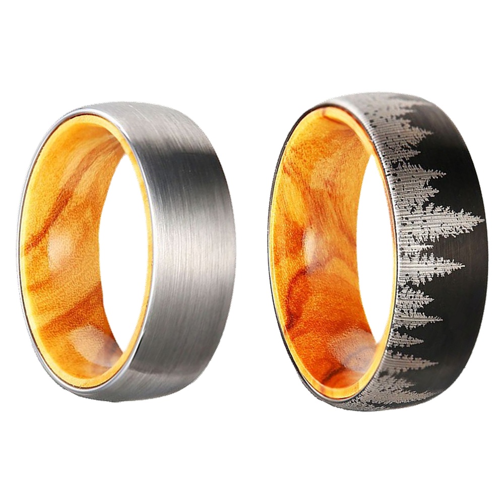 Bague Tungstène & Bois - 8 mm - Noir ou Argent - Motifs