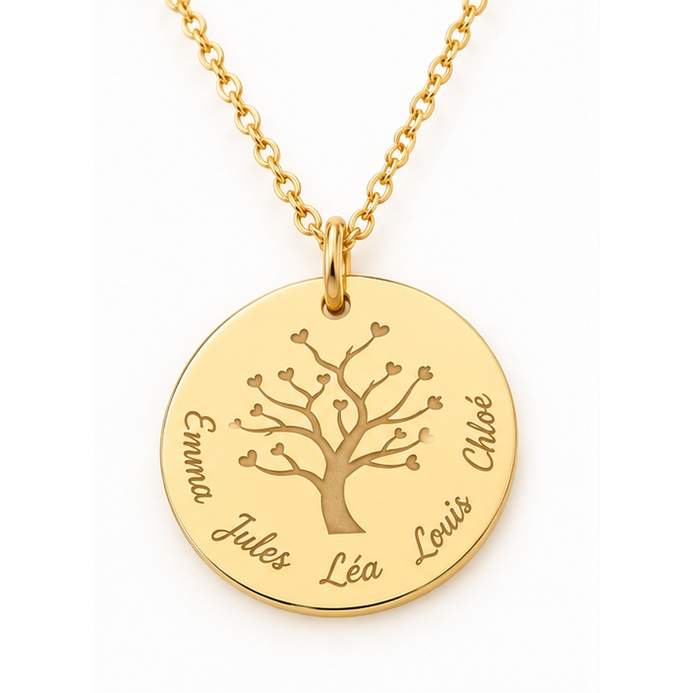 Collier arbre de vie gravé prénoms Tendresse, doré