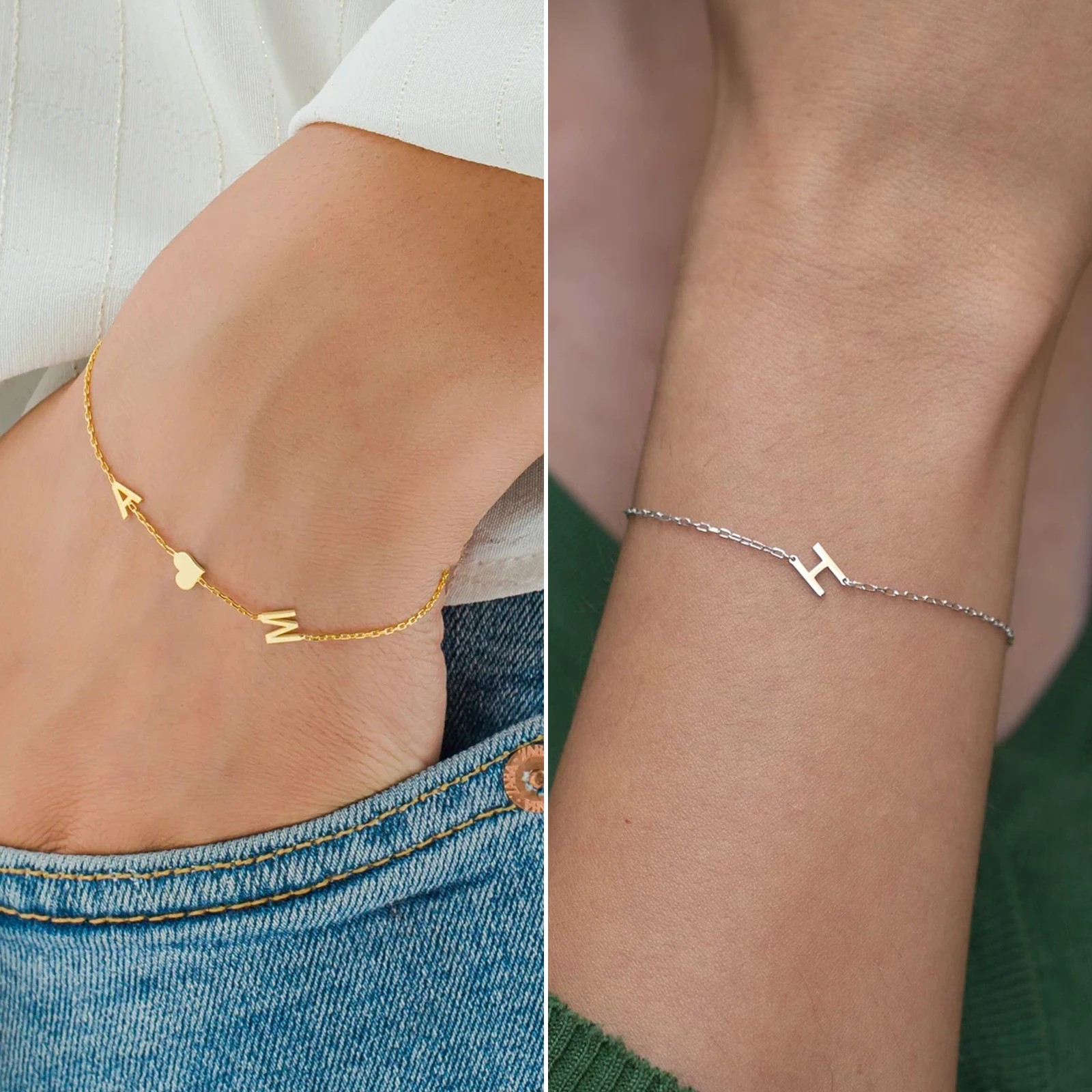 Bracelet initiales personnalisé, modèle Complicité, doré et argenté