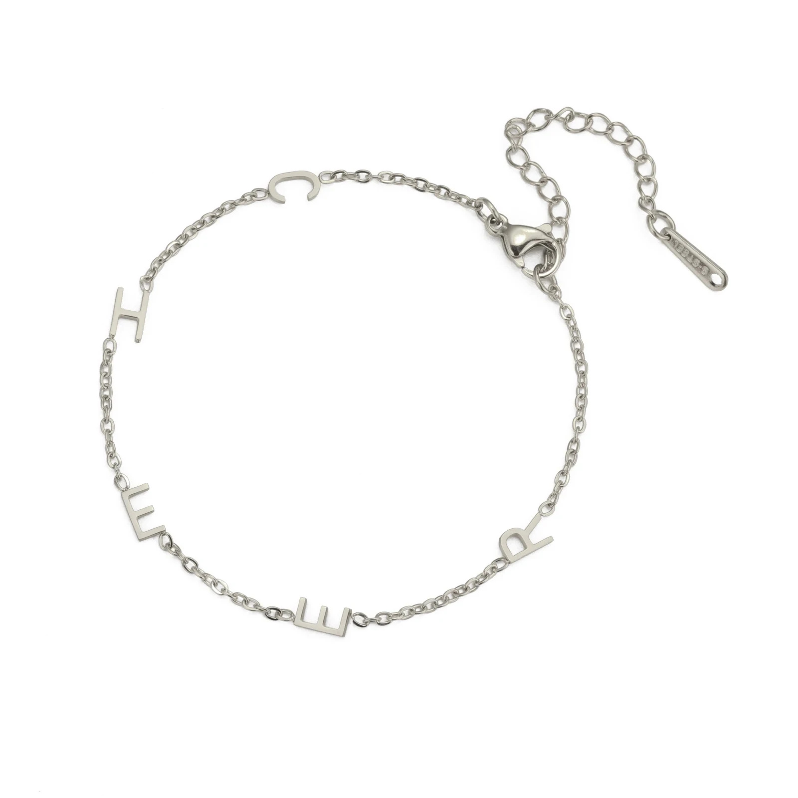 Bracelet initiale argenté avec rallonge et fermoir mousqueton