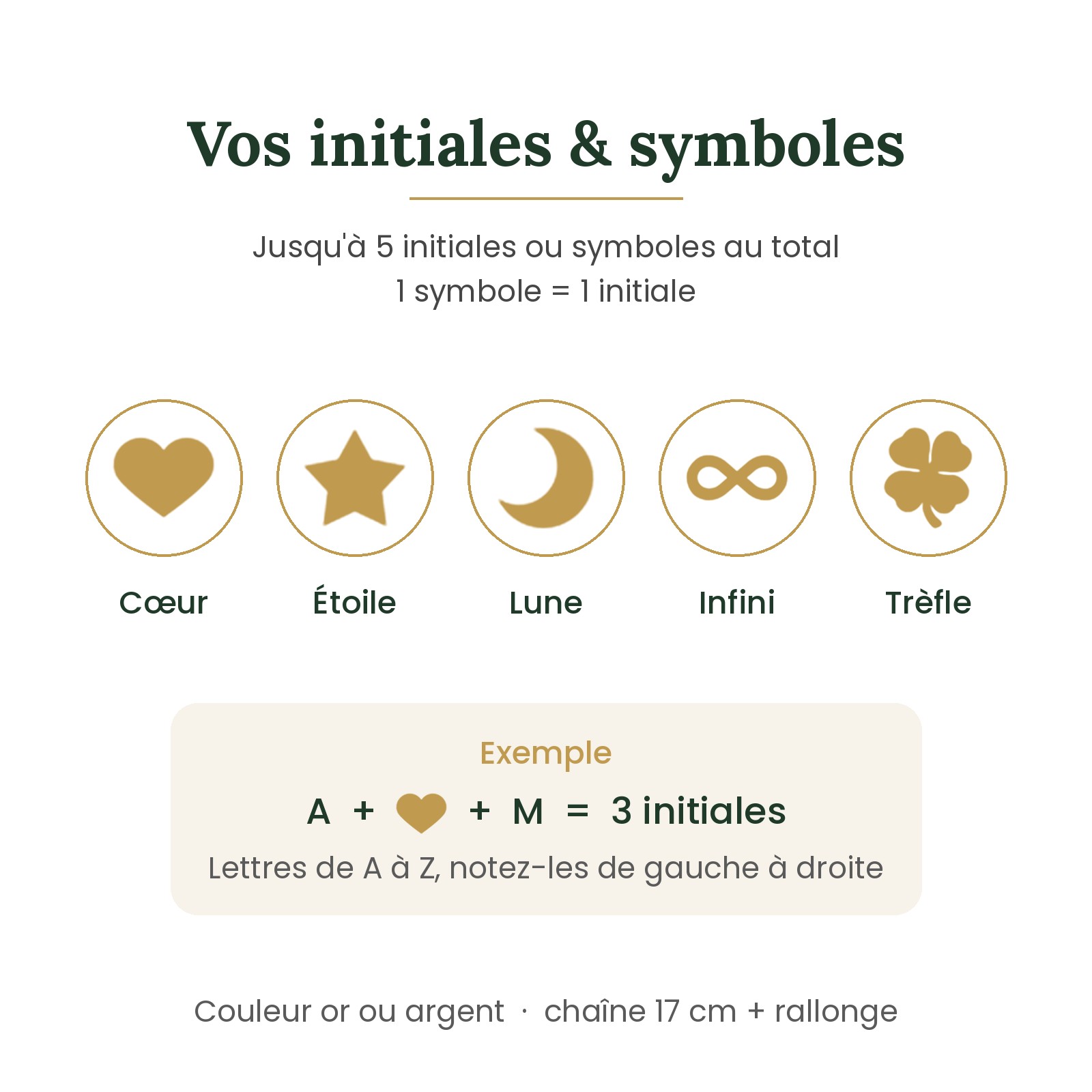 Bracelet initiale personnalisé, symboles coeur, lune, étoile, trèfle et infini, 5 maximum