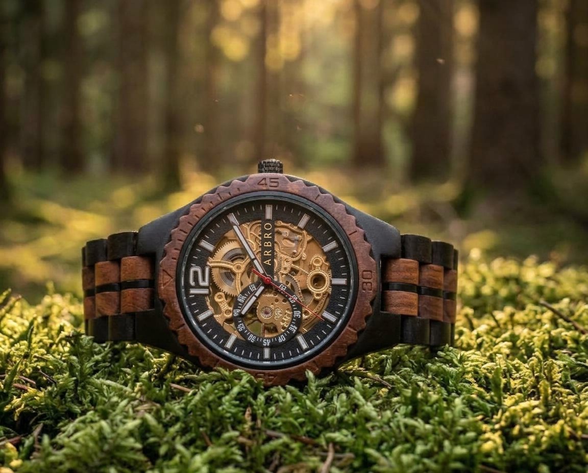 Montre automatique en bois rouge et noir, cadran squelette doré, posée sur la mousse en forêt