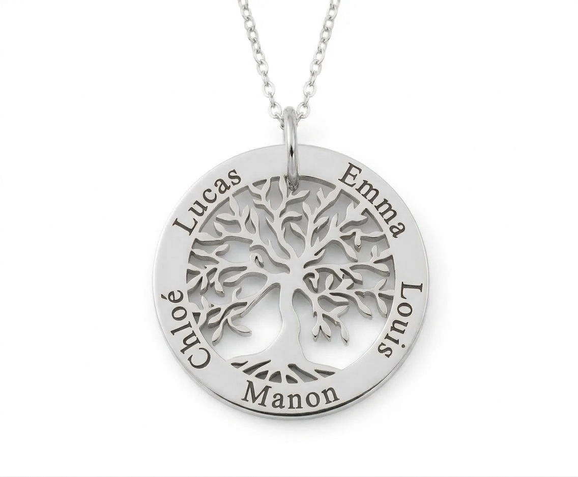 Collier arbre de vie personnalisé 1 à 6 prénoms en acier inoxydable argenté, fond blanc