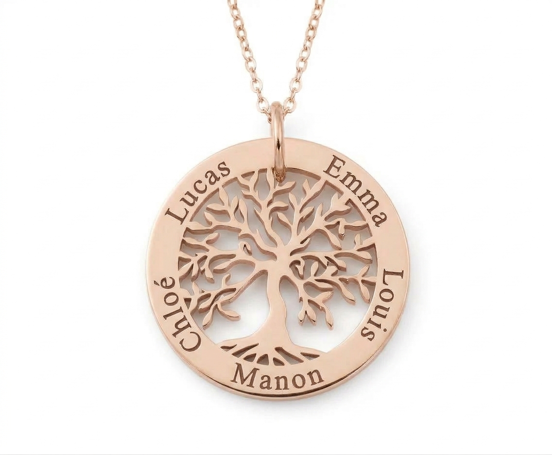 Collier arbre de vie personnalisé 1 à 6 prénoms en acier inoxydable or rose, fond blanc
