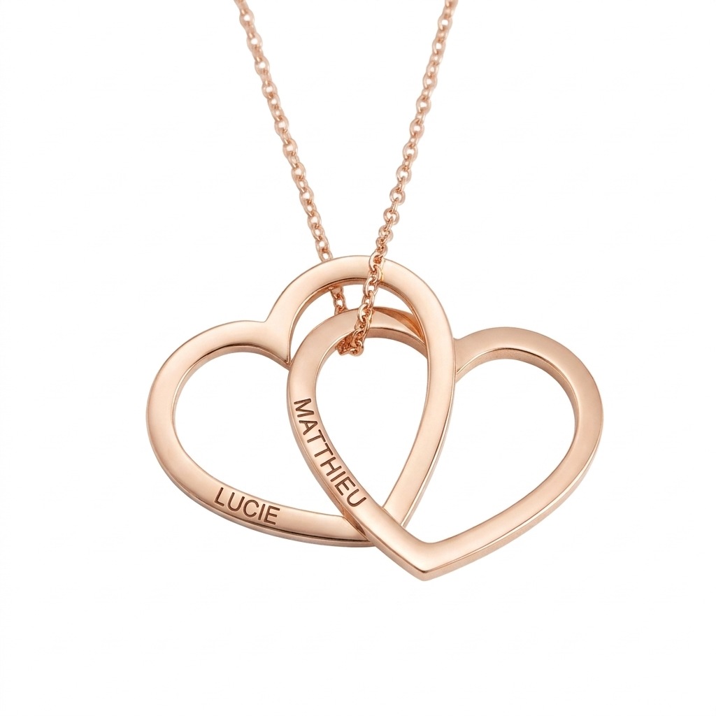 Collier coeur prénom gravé, coeurs enlacés or rose, deux prénoms, fond blanc