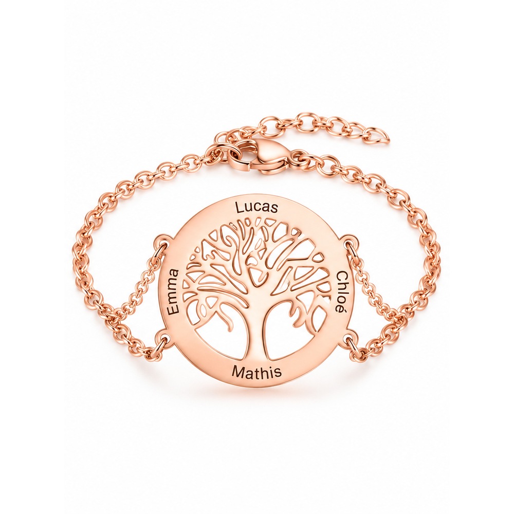 Bracelet arbre de vie prénoms personnalisés en acier, couleur or rose