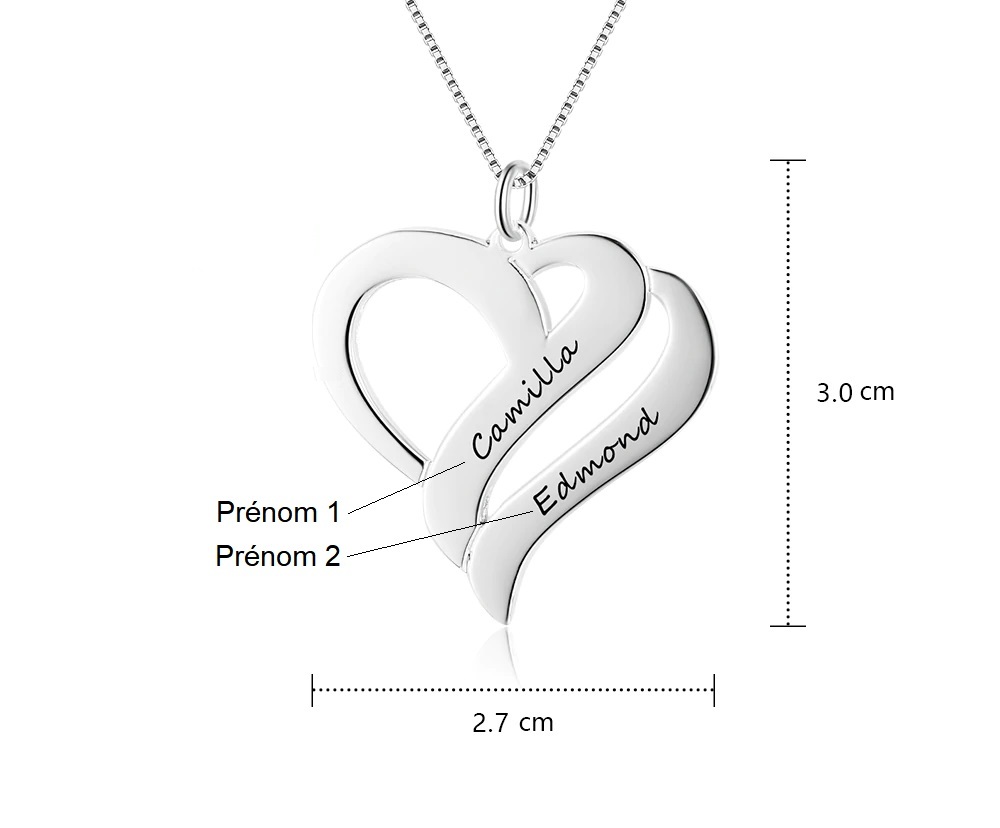 Collier double coeur 2 prénoms, dimensions du pendentif