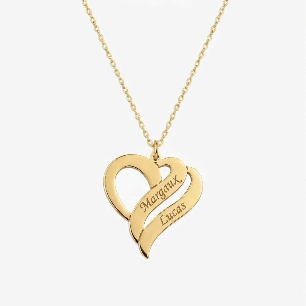 Collier double coeur prénoms couleur or, fond blanc