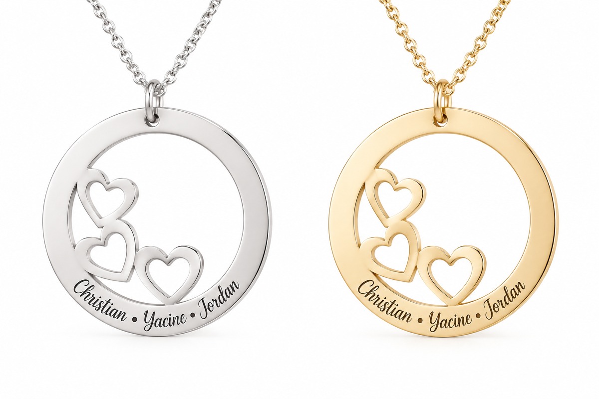 Collier cercle de coeurs prénoms, argent et or, 3 prénoms gravés