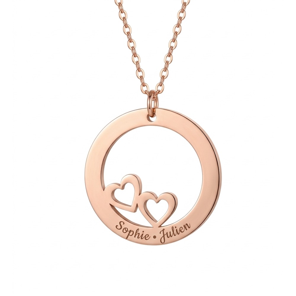 Collier cercle de coeurs 2 prénoms couleur or rose