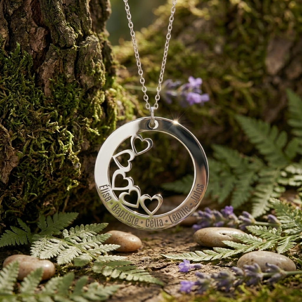 Collier cercle de coeurs 5 prénoms gravés argenté, sur fond de mousse et fougères