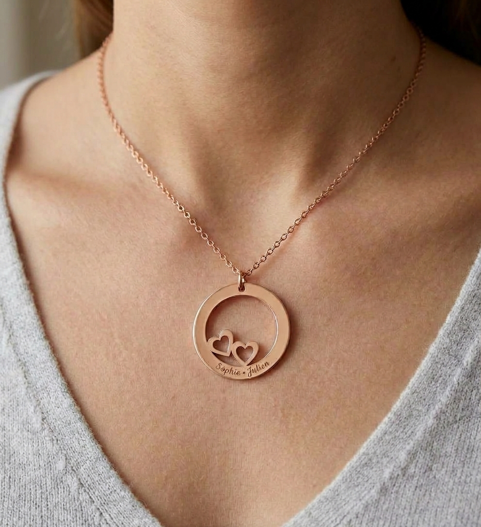 Femme portant un collier cercle de coeurs 2 prénoms or rose