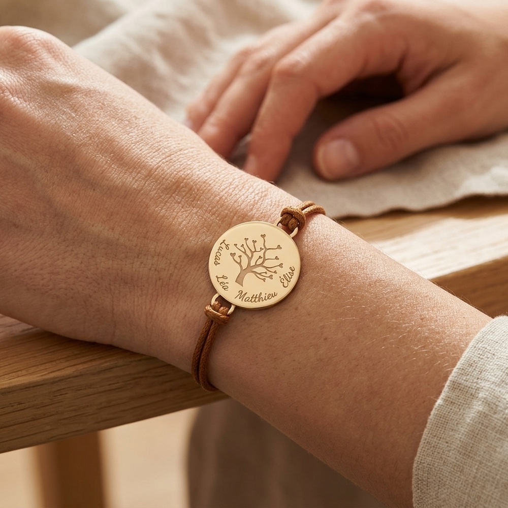 Bracelet arbre de vie personnalisé gravé de 4 prénoms sur cordon marron, porté au poignet