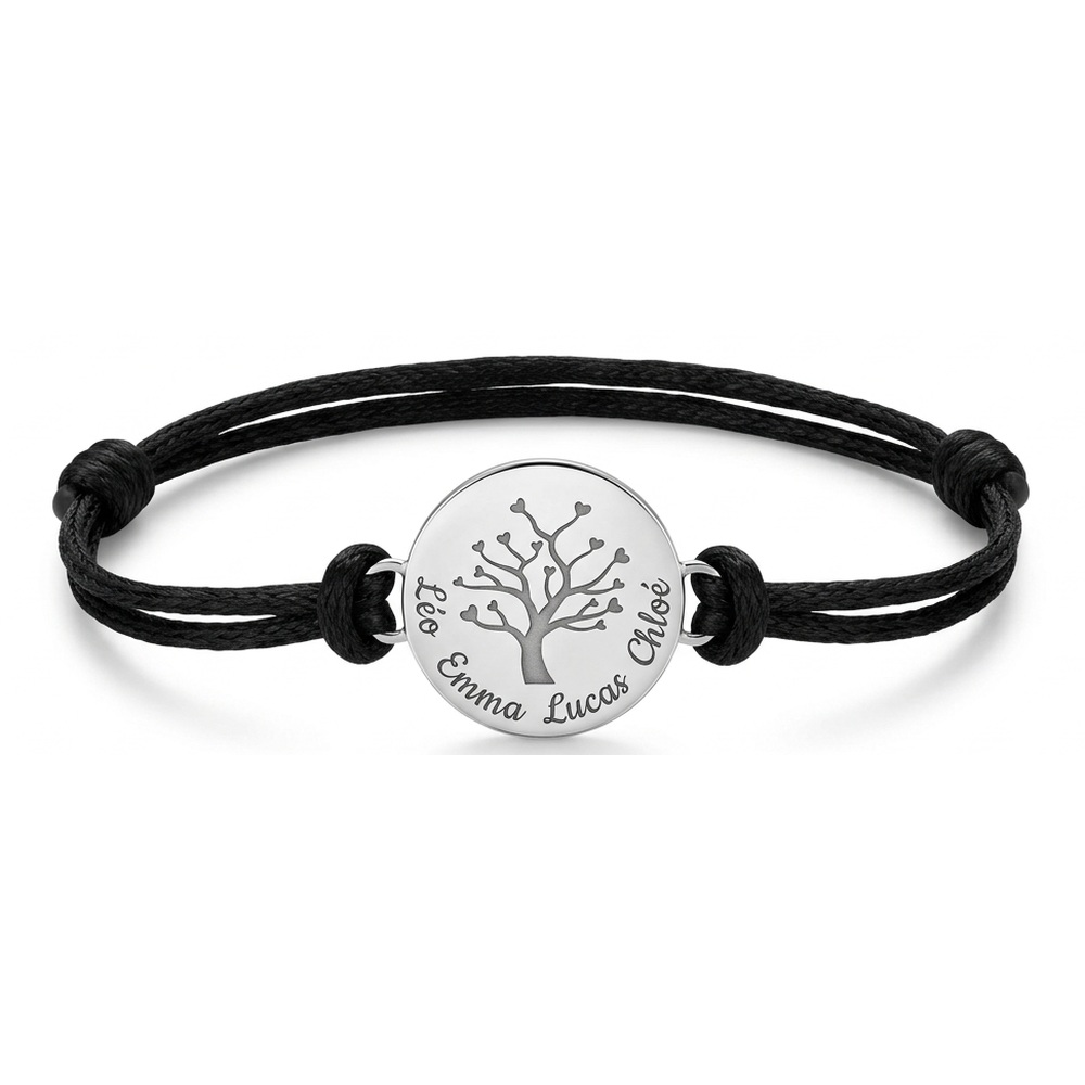 Bracelet arbre de vie personnalisé sur cordon noir, médaille argentée gravée de prénoms