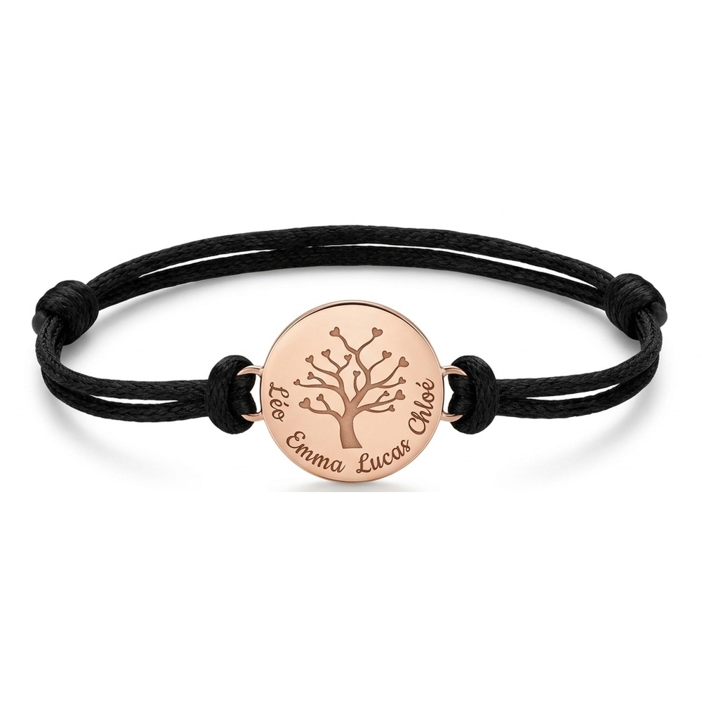 Bracelet arbre de vie personnalisé sur cordon noir, médaille or rose gravée de prénoms