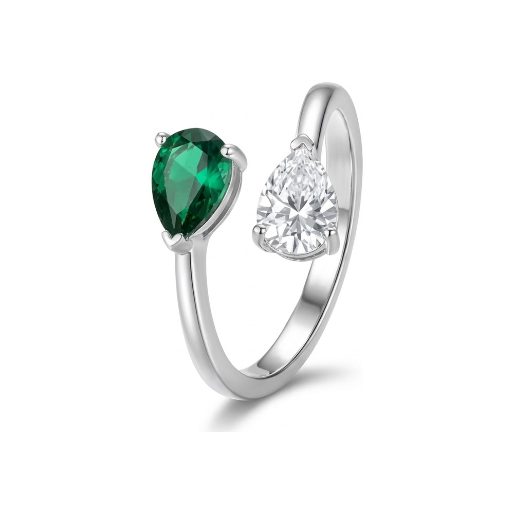 Bague ajustable en acier argent avec deux pierres de naissance en zirconium, émeraude et blanc