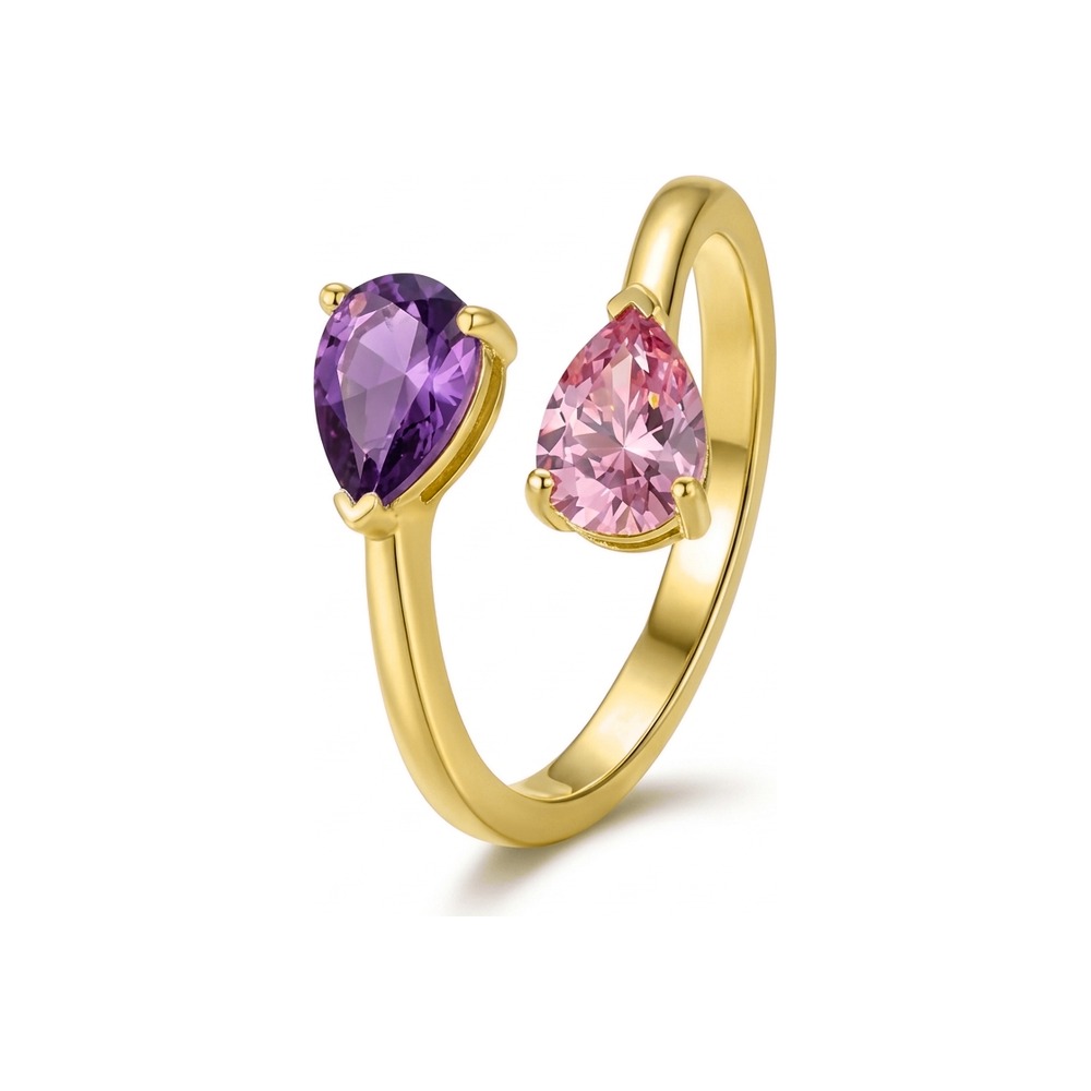Bague ajustable en acier finition or avec deux pierres de naissance en zirconium, violette et rose