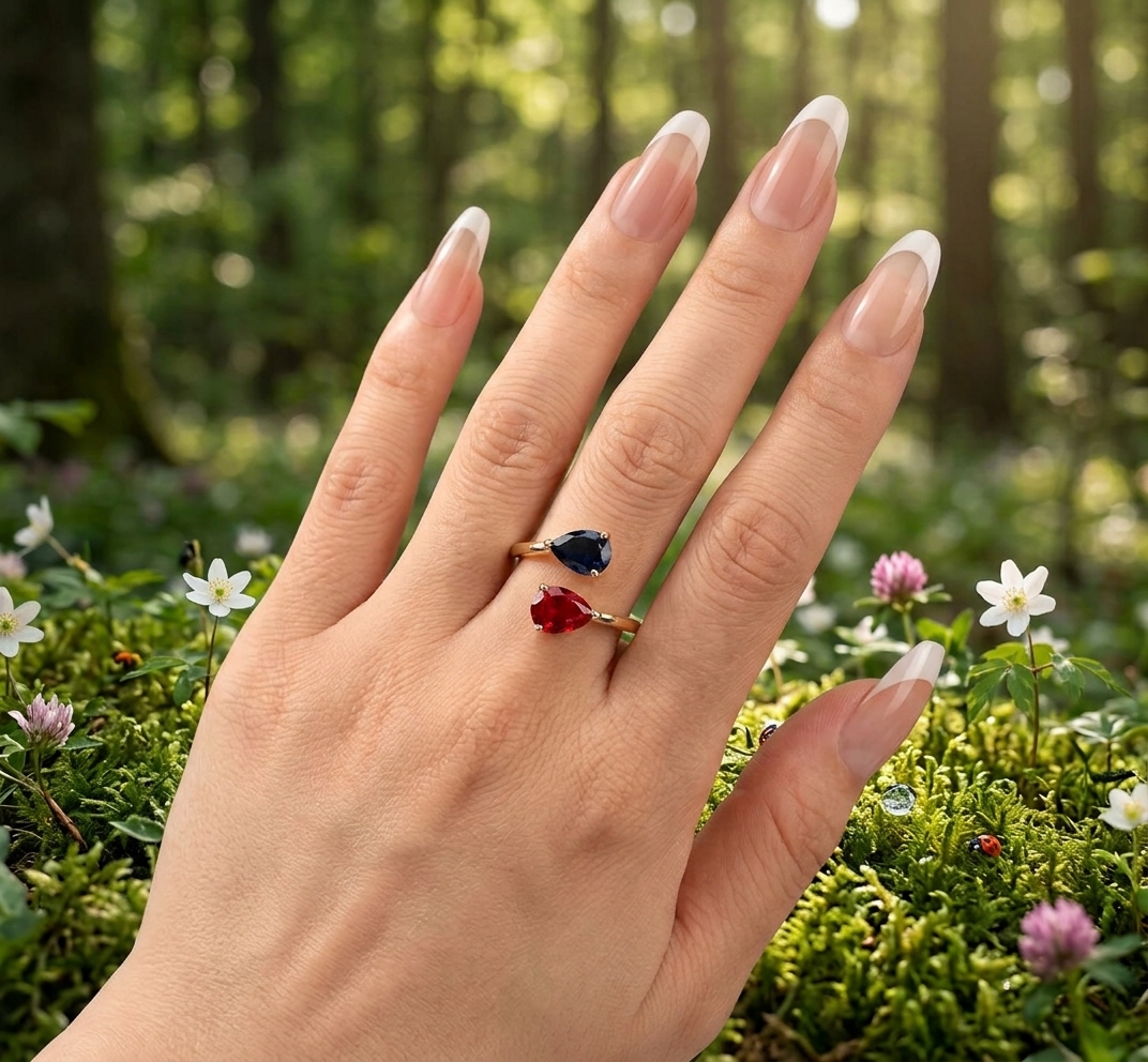 Bague à deux pierres de naissance, saphir bleu et rubis rouge en zirconium, portée à la main dans une clairière