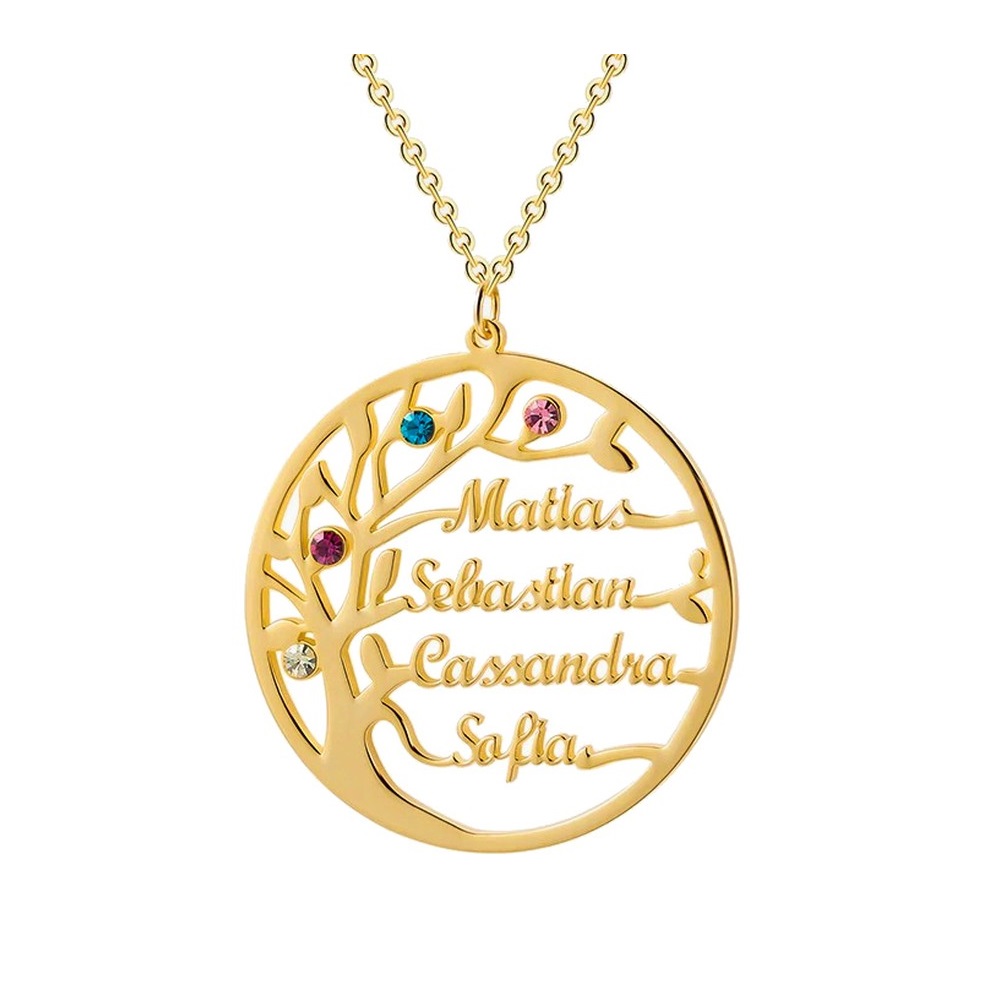 Collier arbre de vie avec prénoms et pierres de naissance