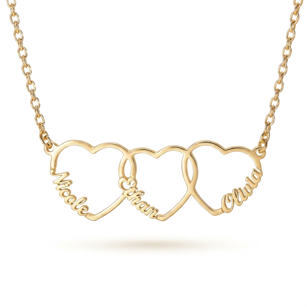 Collier trois coeurs entrelacés, 1 à 3 prénoms personnalisés