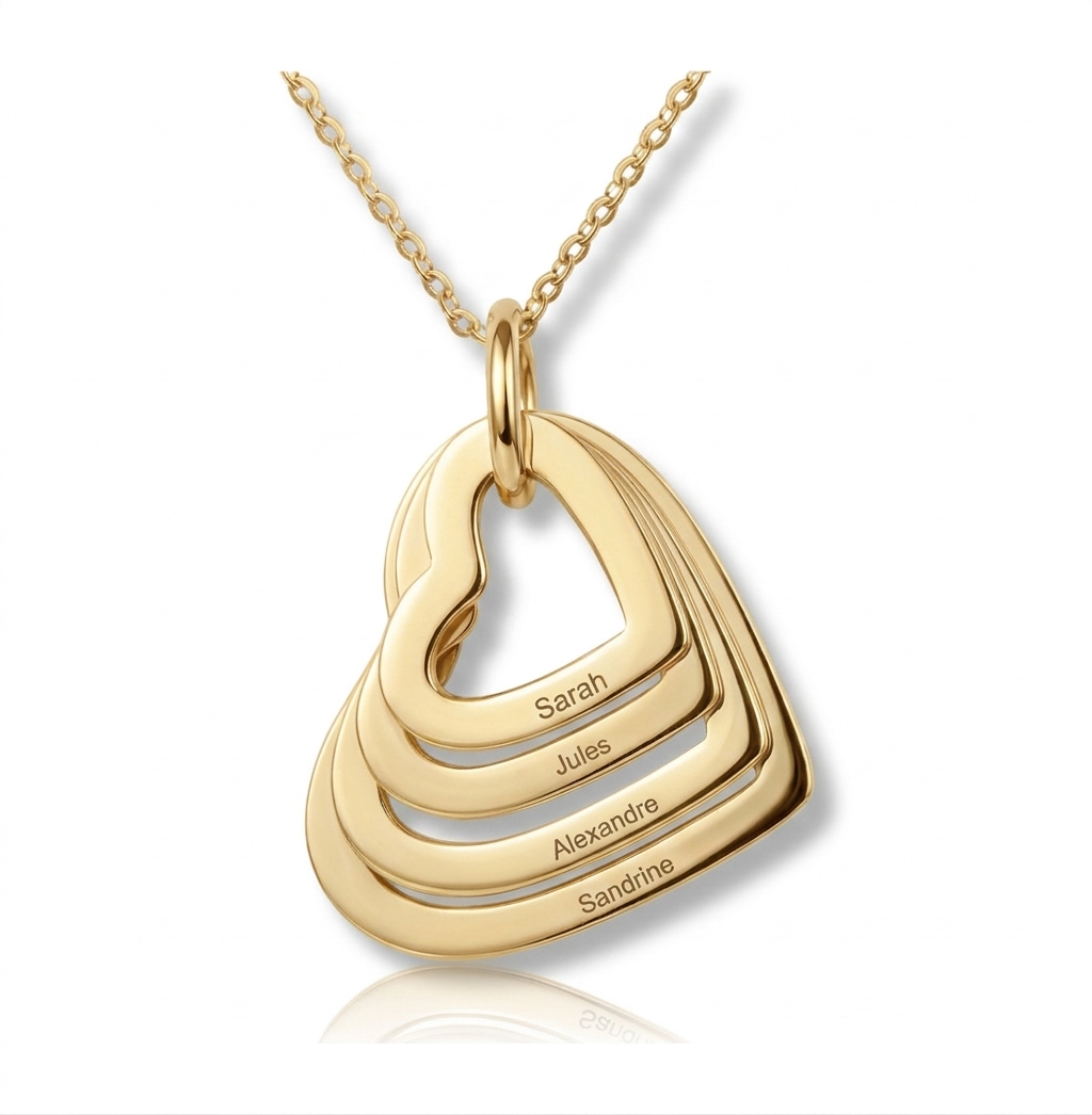 collier coeur personnalisé 4 prenoms multicouche or