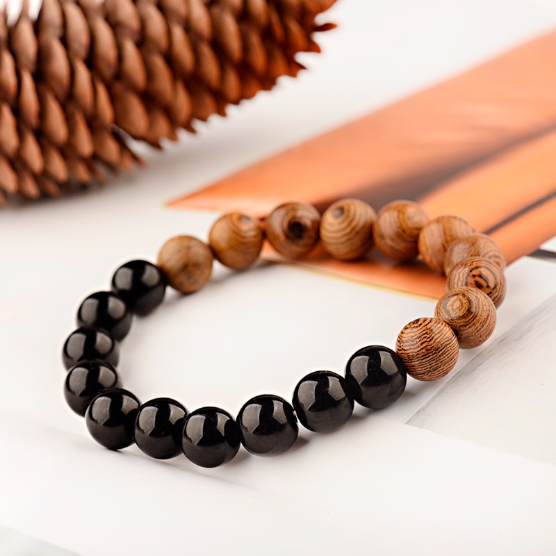 bracelet perles en bois tibétain et yoga bicolore