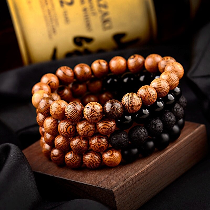 bracelets perles de bois marron et noires