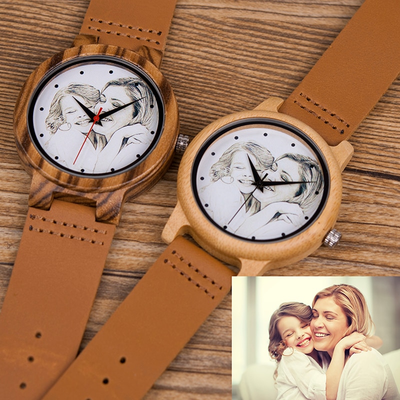 Coffret cadeau personnalisé Montre en bois mixte Photo N&B