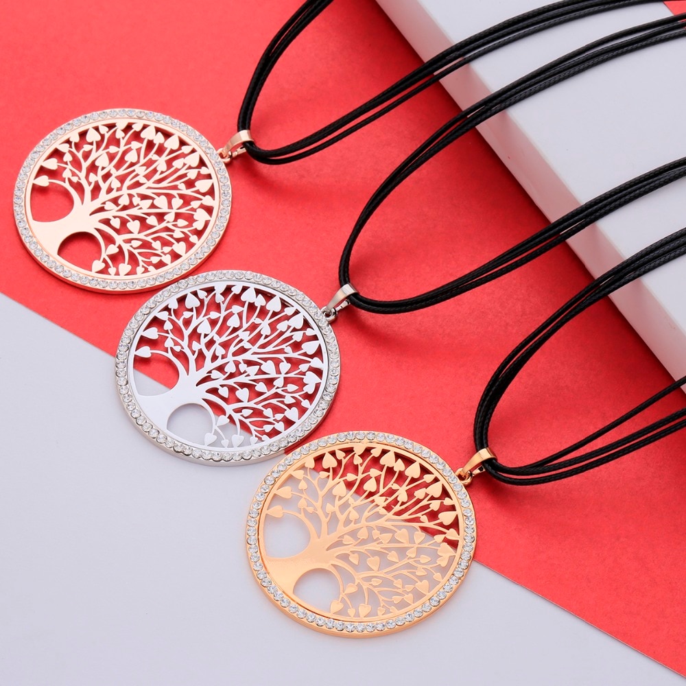 collier arbre de vie avec cordon noir plaqué or 3 couleurs