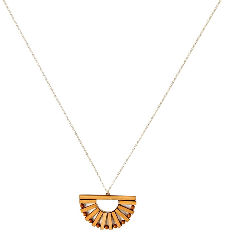 collier long avec pendentif en bois bambou demi cercle