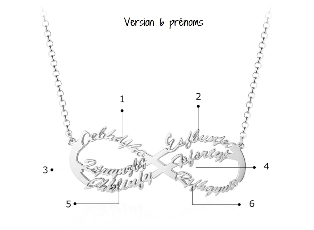 Collier infini prénom personnalisé, 6 prénoms entrelacés