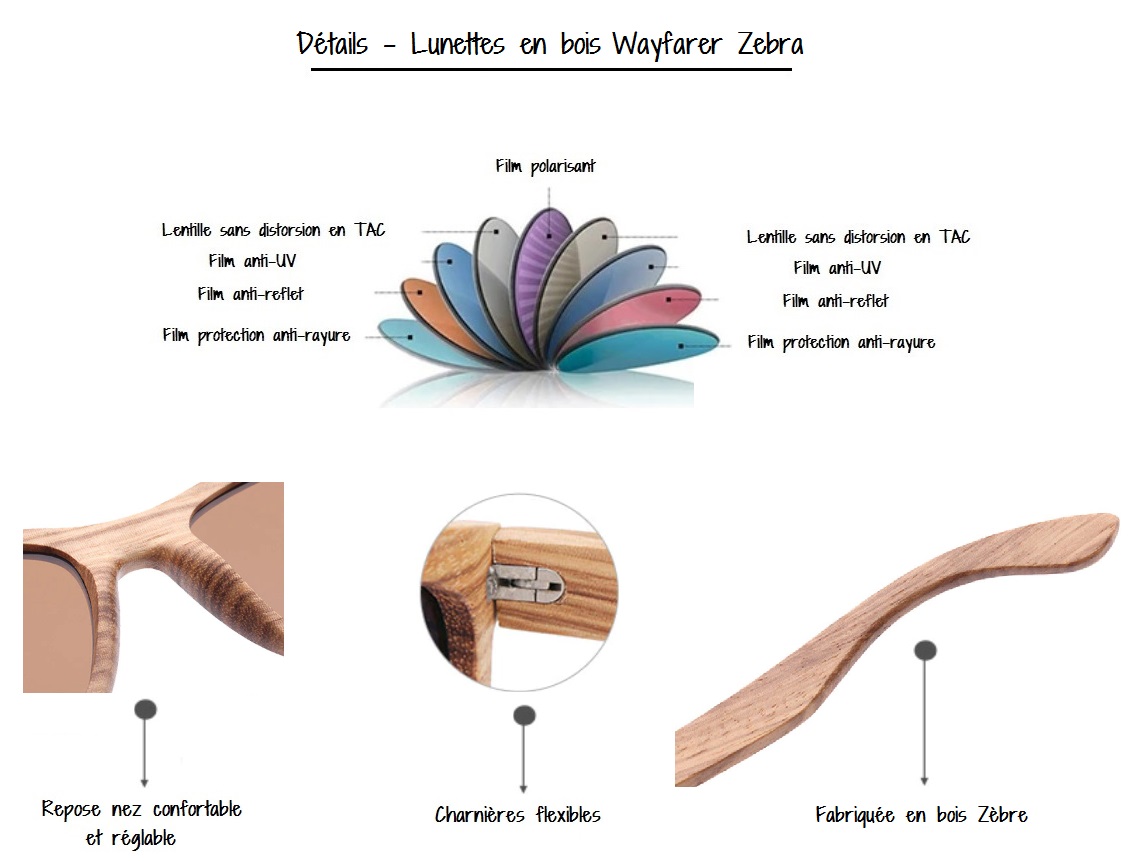 lunettes en bois Wayfarer Zebra details techniques