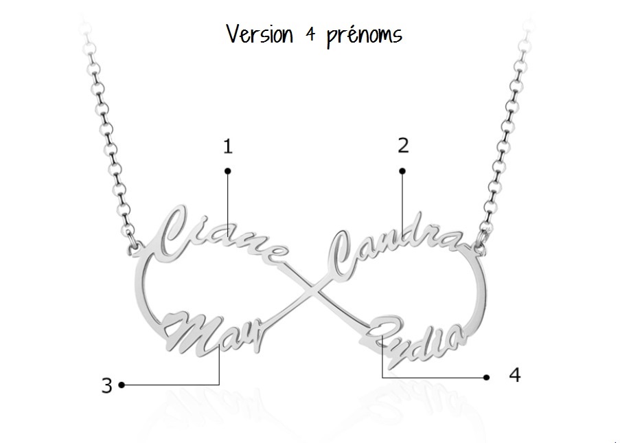 Collier infini prénom personnalisé, 4 prénoms entrelacés