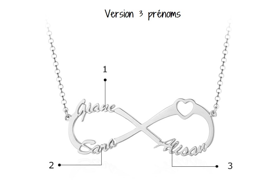 Collier infini prénom personnalisé, 3 prénoms entrelacés