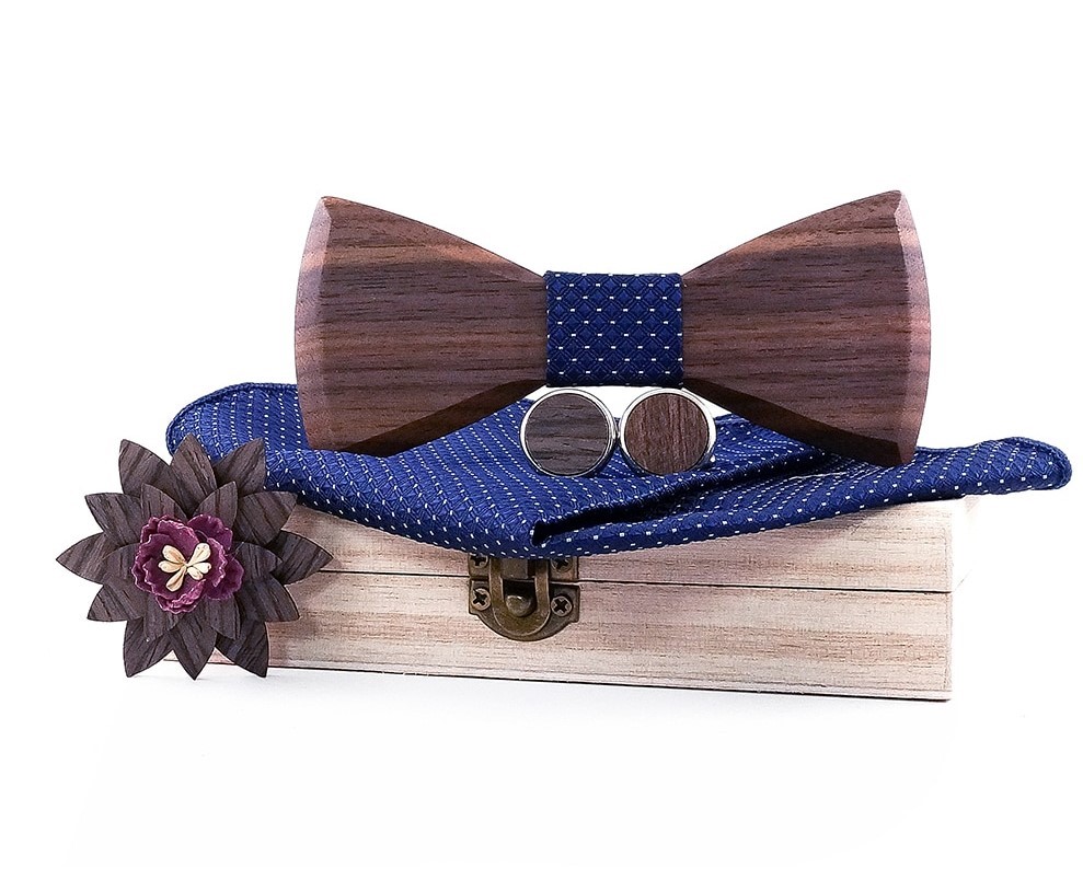 noeud papillon bois foncé bleu à pois