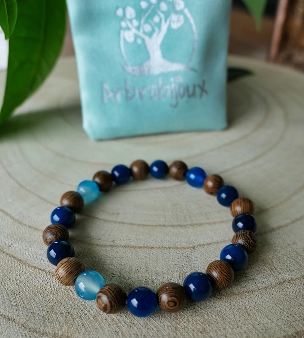 Bracelet perles bois bleus et marron