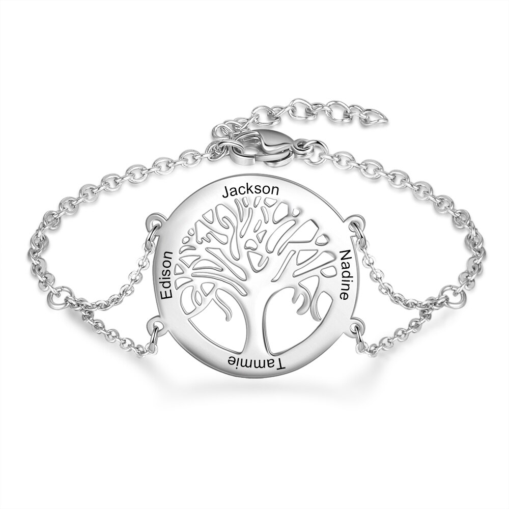 Bracelet arbre de vie prénoms personnalisés en acier, couleur argent