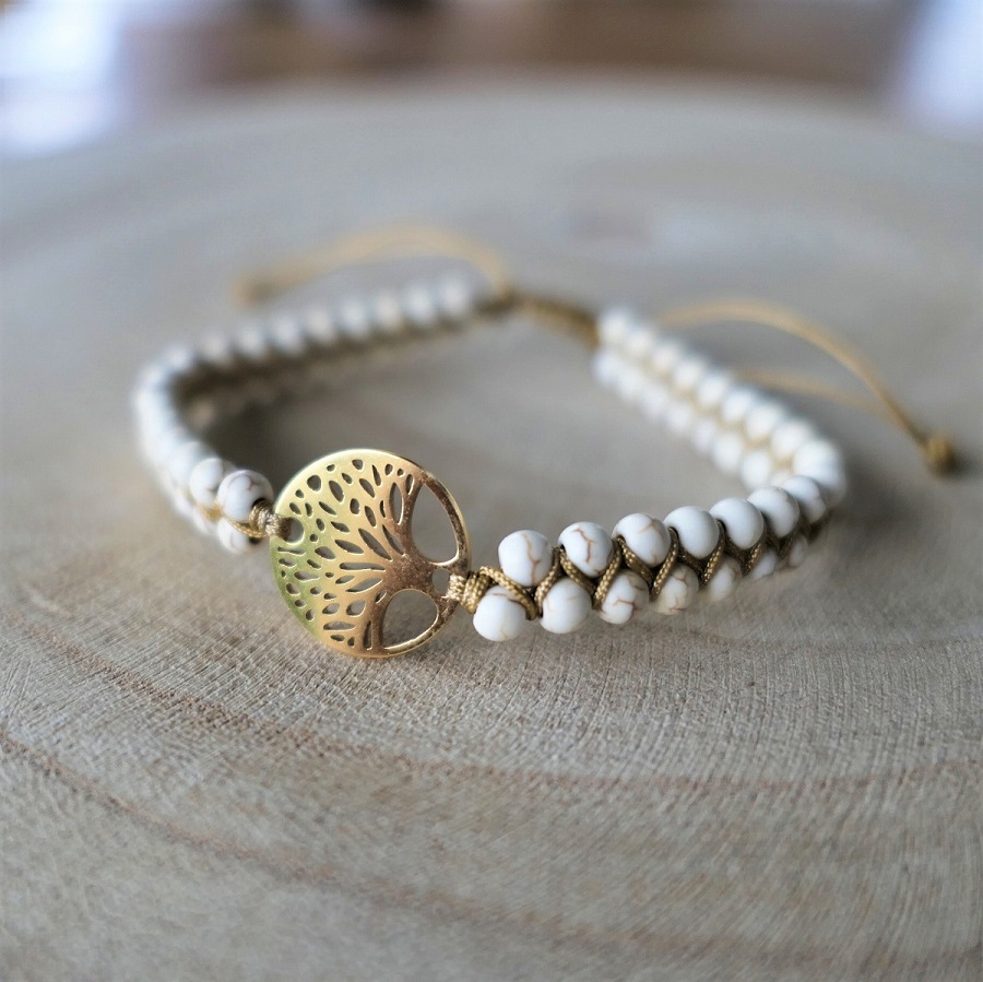 Bracelet pierres naturelles blanches howlite arbre de vie doré