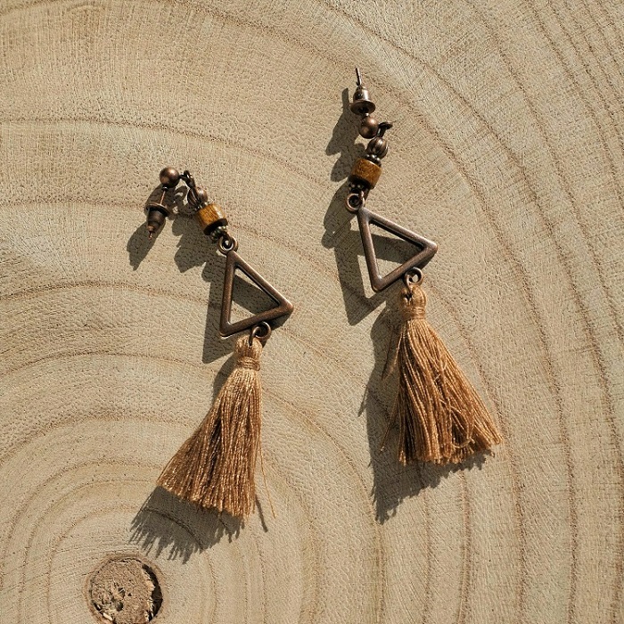 Boucles doreilles pendantes franges bohèmes perle en bois