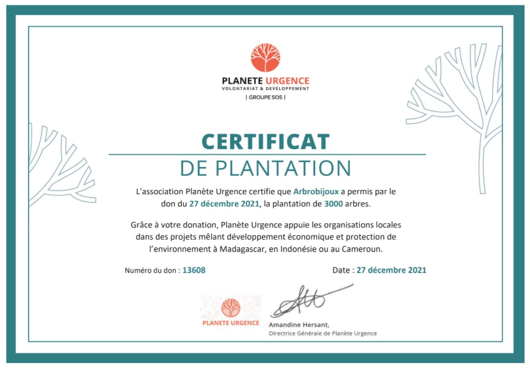 certificat plantation arbrobijoux 2022 engagement ecoresponsable