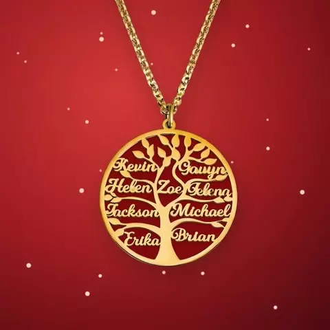 Collier arbre de vie personnalisé aux prénoms de la famille, idée cadeau de Noël